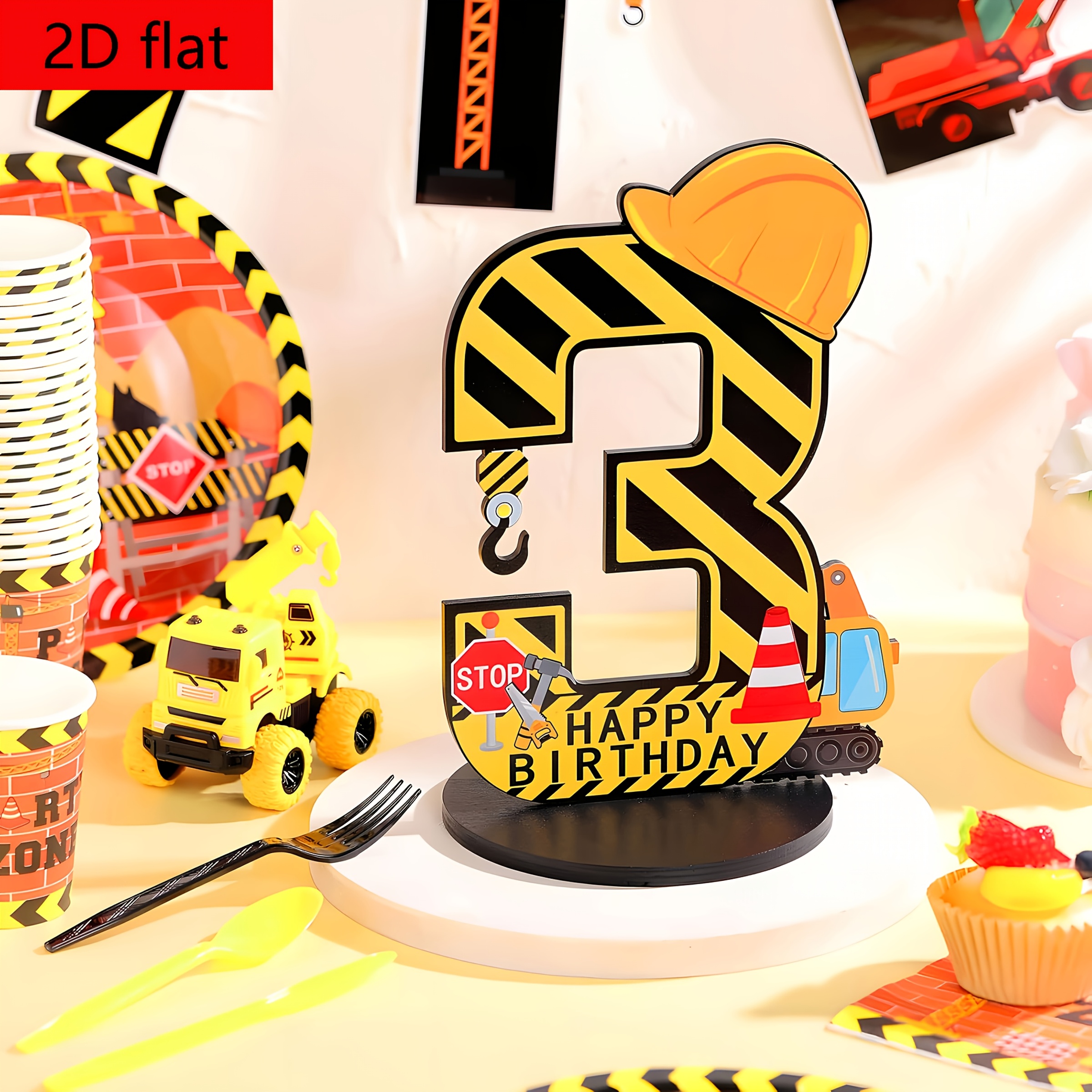 1pc, 2dbuilding 3rd Birthday Number Sign Center Decoration, 3rd Birthday Sign, Building Party Supplies, Wooden Excavator Cap, Birthday Number, No Electricity Required Christmas Decorations