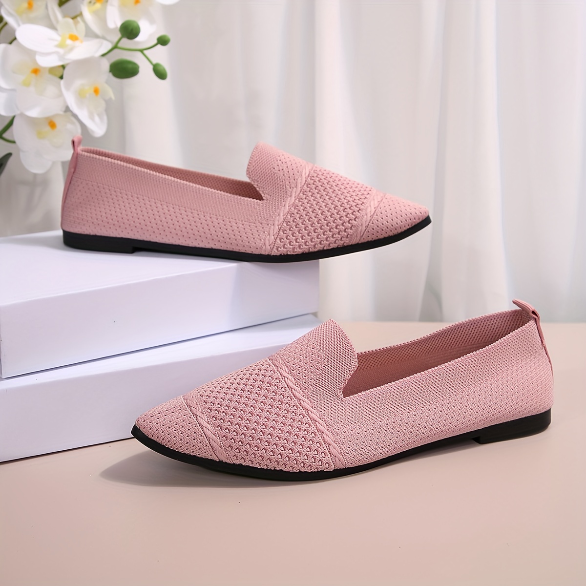 Elegant Ballet Flat Shoes For Women, Slip-On Breathable Soft Sole Daily Knitted Ballets, Point Toe Daily Wear