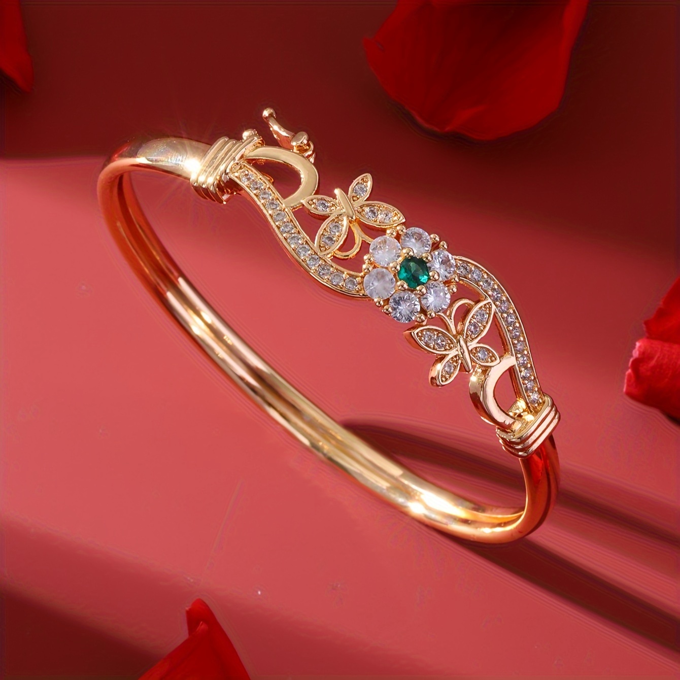 TEMU Elegant Stainless Steel Women's Bracelet With Floral Design And Green Gem Accent, Luxury Fashion Jewelry Gift For Party, Holiday, Banquet, Ball, Stylish Accessory