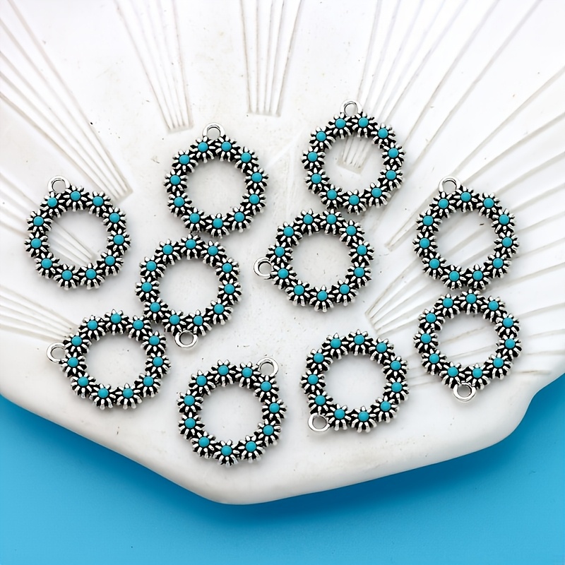 TEMU 10pcs Ethnic Style Alloy Plated Antique Silvery Blue Flower Pendants For Jewelry And Additions - Ideal For Necklaces, Bracelets, Earrings,