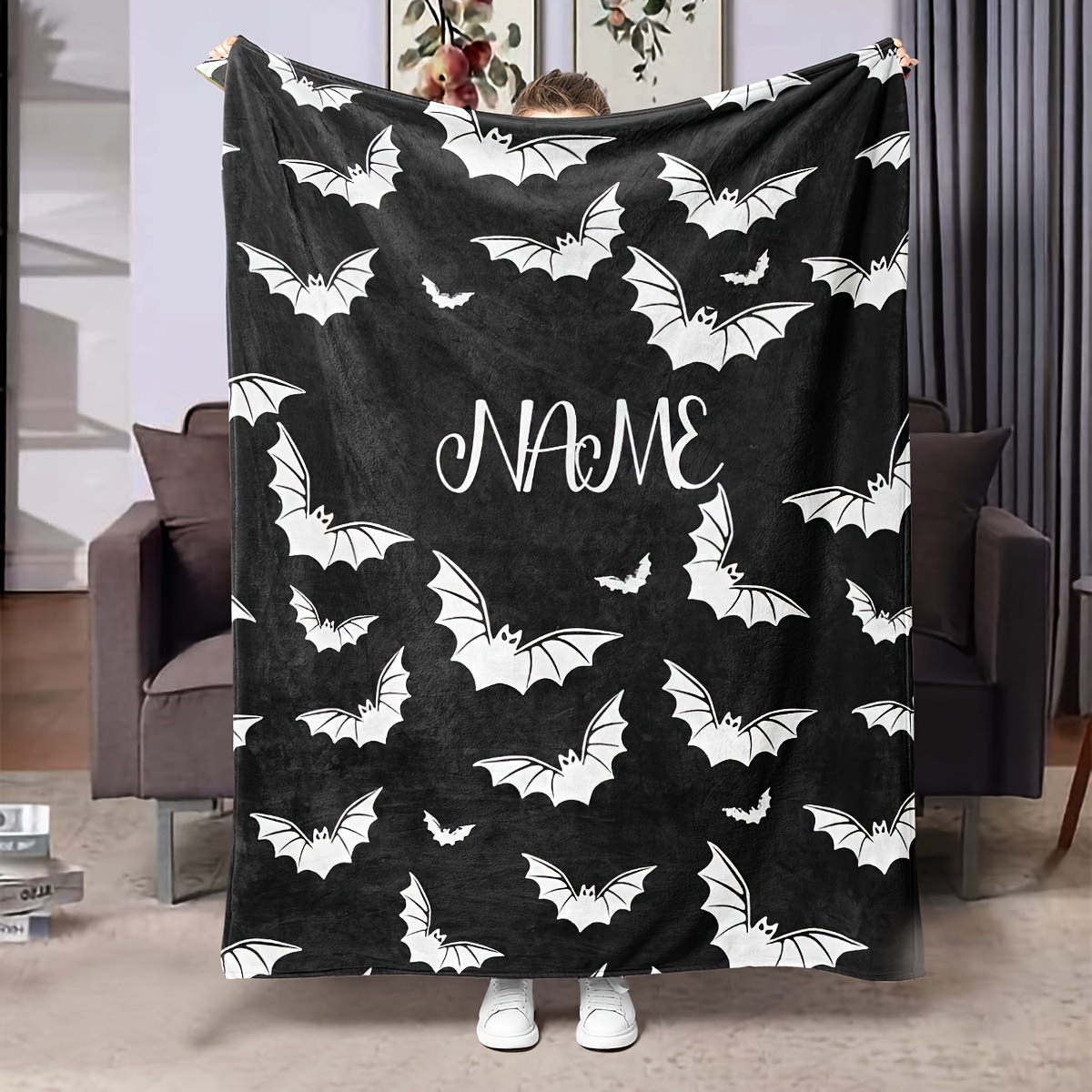 

Custom Name Black Bat Flannel Throw Blanket - Soft, Warm Personalized Gift For Office, Living Room Sofa & Air Conditioning Comfort