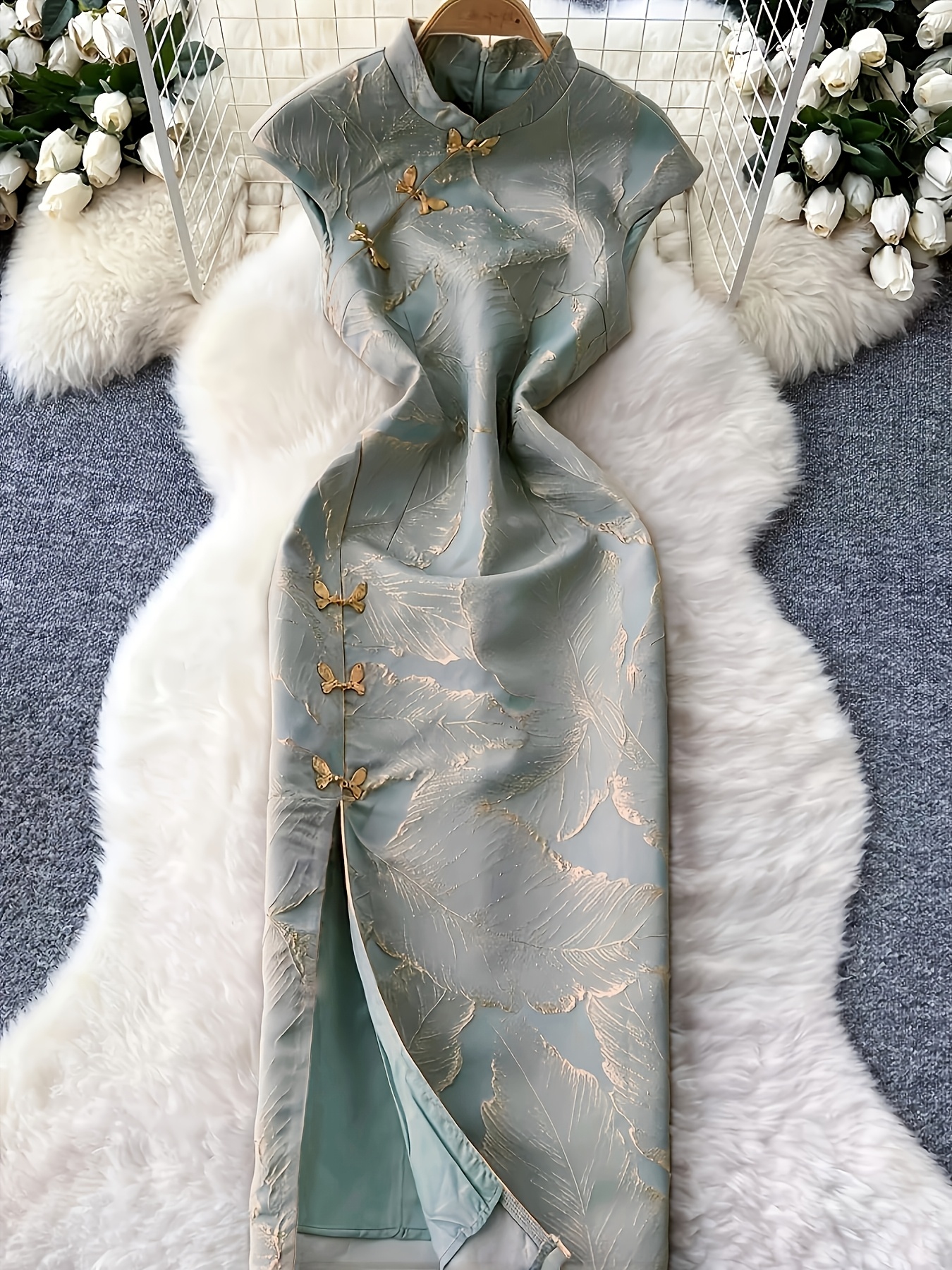 slim fit dress slacks Ivory White Floral Jacquard Short Sleeve Qipao Dress -Chinese evening Gown  – Oriental Me main image 1