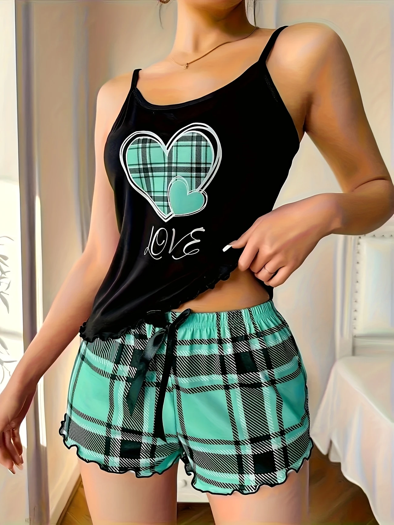 womens camisole s pajama heart letter print with ruffle details fashionable comfortable cute soft loungewear outfit sleeveless top and pants with rolled hem shoulder straps suitable for spring summer autumn details 0