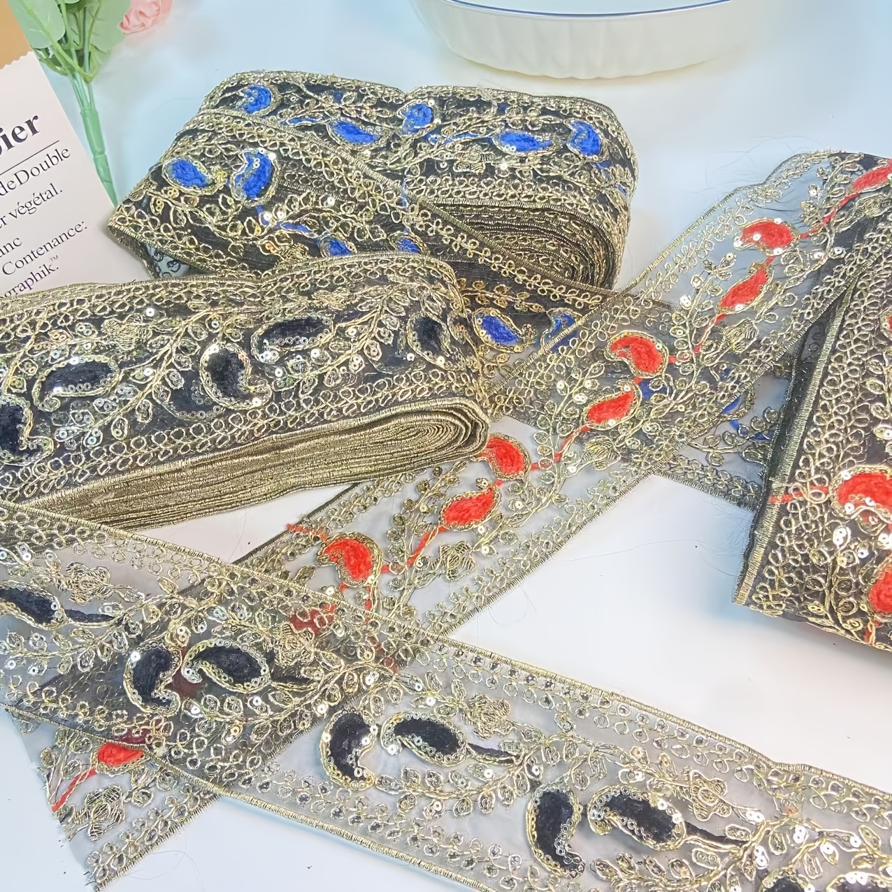 black golden paisley floral sequin lace trim heavy embroidered border for bridal   and sewing