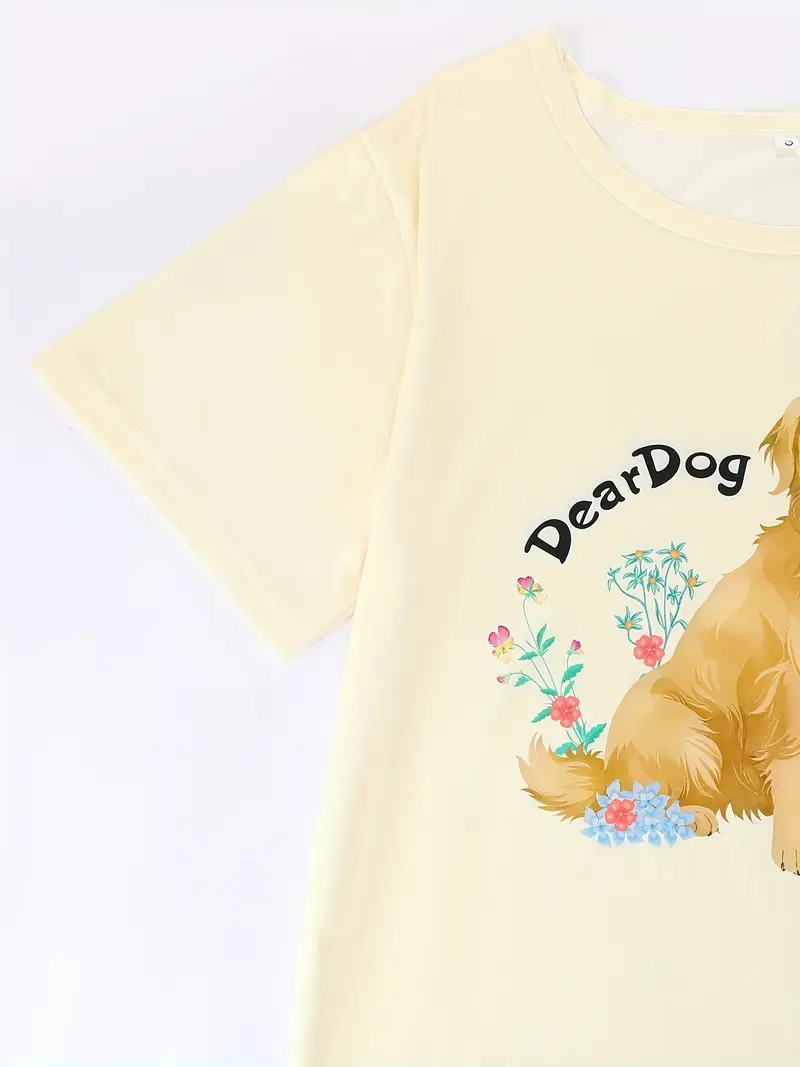 crew neck three piece apricot floral golden retriever puppy animal print adult pajama set short sleeve top and loose elastic shorts and pants casual womens pajama and loungewear set all year round Product details 6