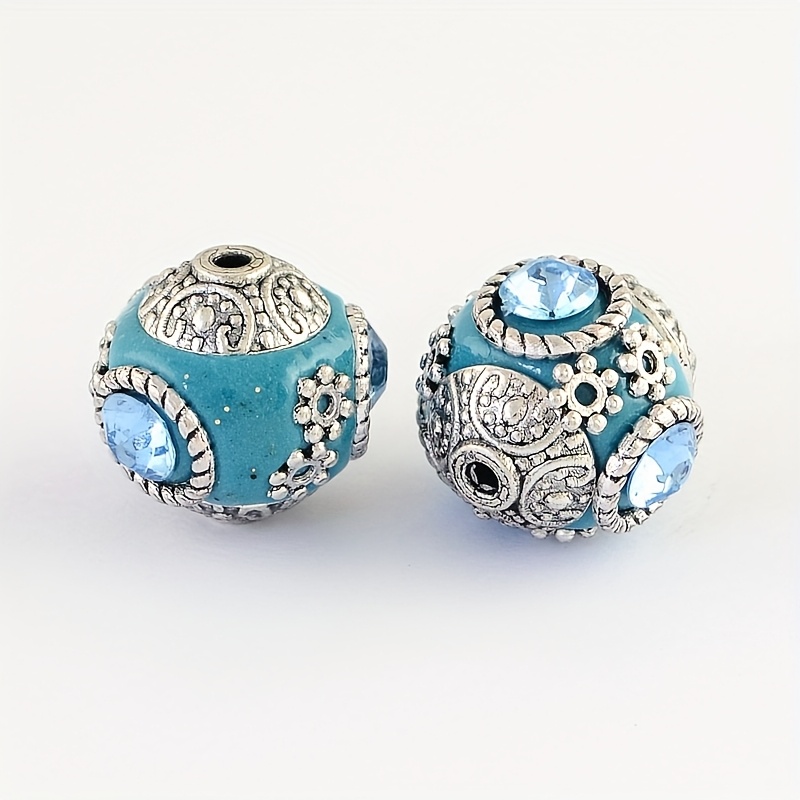 item picture 10pcs 6 colors handmade indonesia round beads with glass cabochons and metal color double alloy cores 14 15x15 16mm hole 2mm