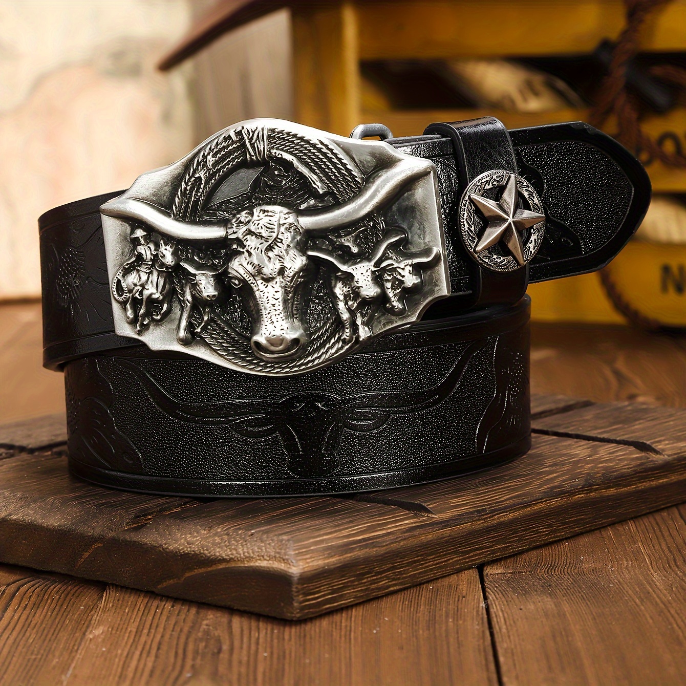 vintage western faux leather belt engraved - Temu display picture 1
