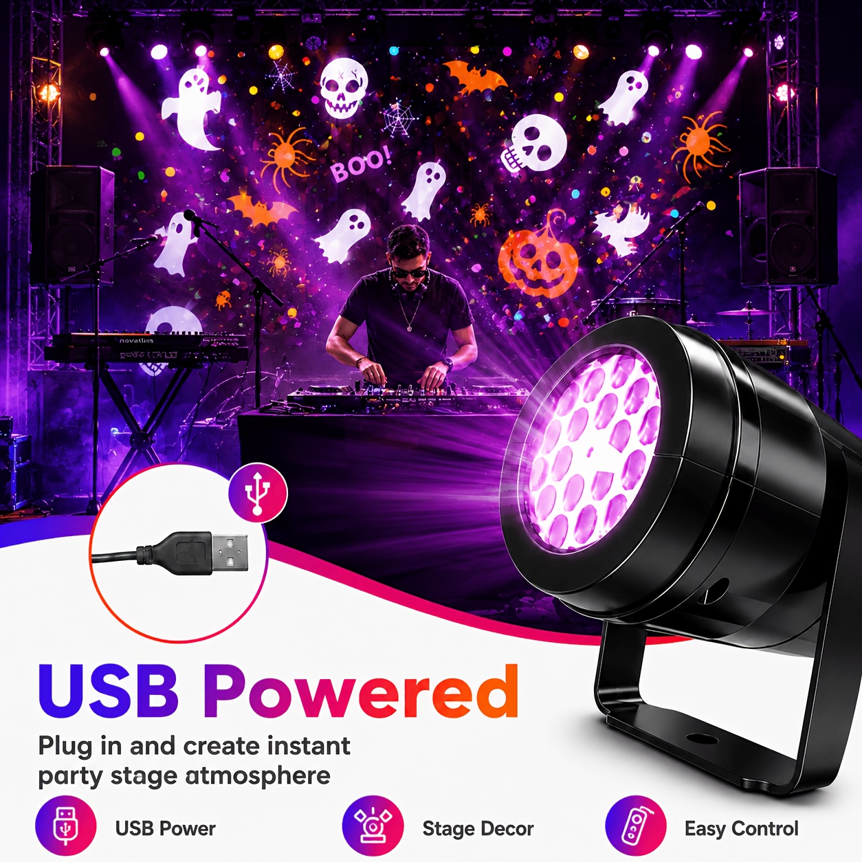 Image of Halloween Dynamic Projection Light, Pumpkin Bat Stage Projector With 270° Adjustable Rotation, Dynamic Holiday Lighting Effect For Stage, Party, Haunted House, Dj Events & Halloween Decorations