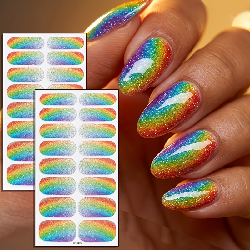 Image of 32pcs Summer Dopamine Aurora Rainbow Glitter Polish Nail Strips, Gradient Glitter Full Nail Wraps, Perfect For Ladies And Music Festivals, Comic , Parties Diy Quick