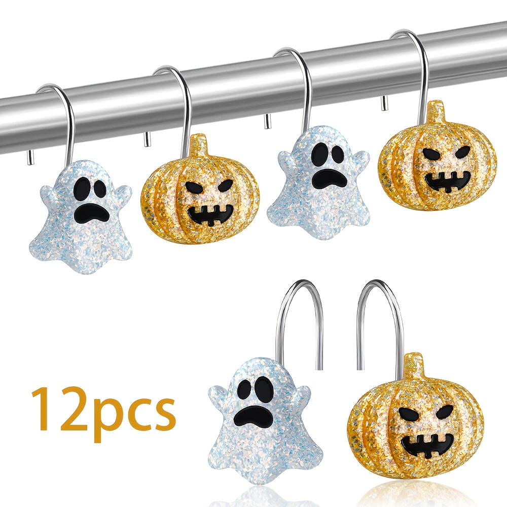 TEMU Spooky Glitter & Pumpkin Shower Curtain Hooks, 12pcs Halloween Decorative Curtain Rings, Cute Glittery Curtain Hangers For Fall, Seasonal &
