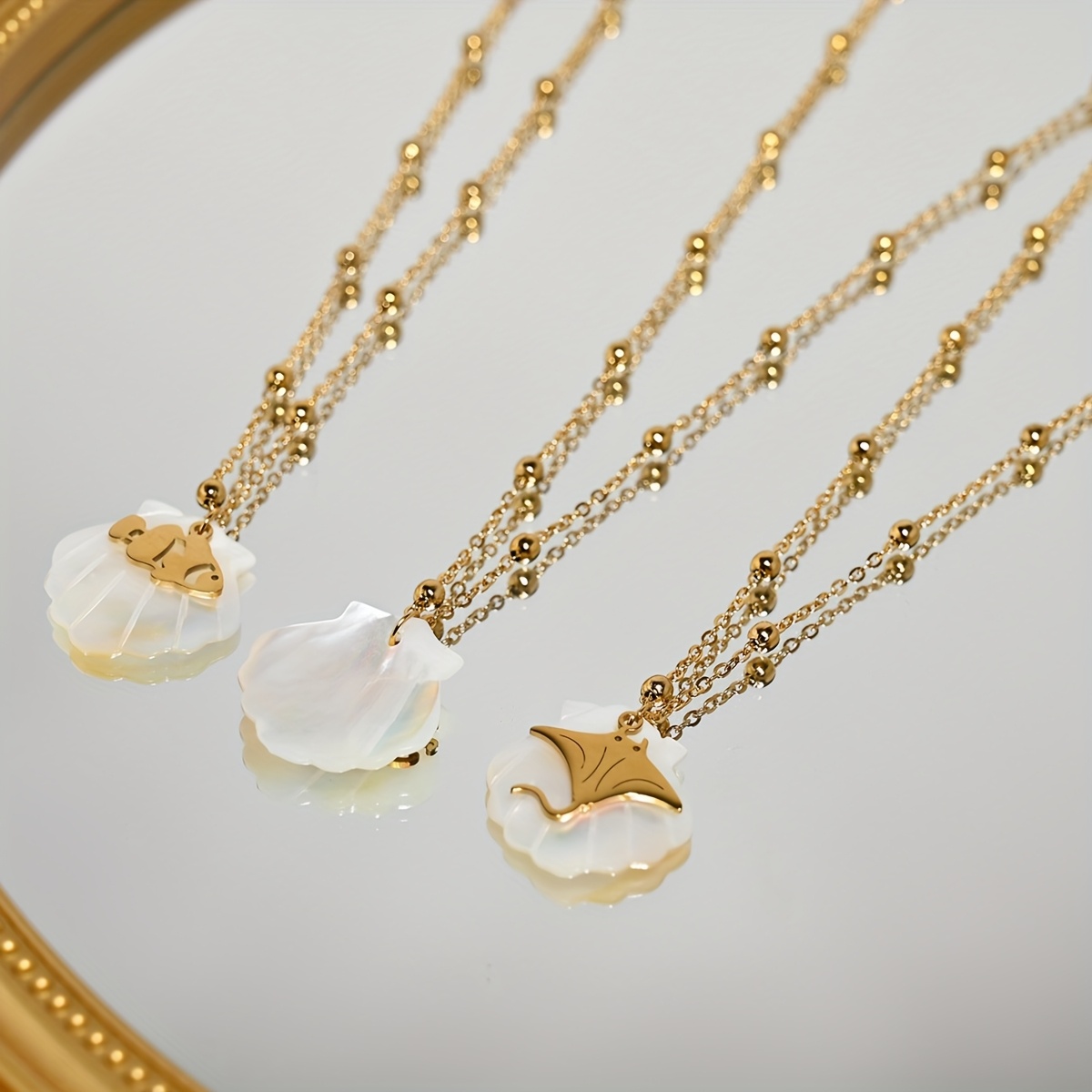 Ocean Series Golden Bead Chain Necklace with Seashell & Devil Fish