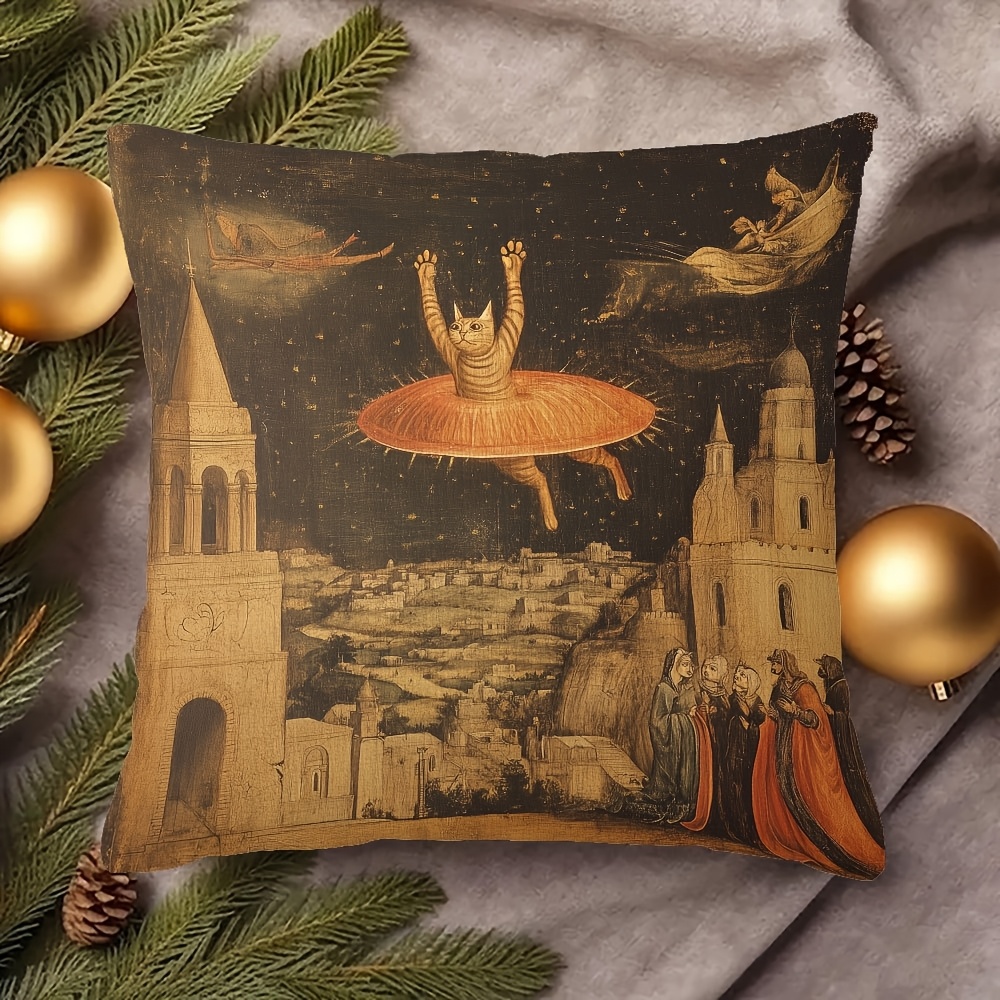 TEMU 1pc 18x18 Inch Cat Pillow Cover | Single-sided Print, Polyester, Vintage Style, Suitable For Living Room, Office, Car Decoration, Holiday Party