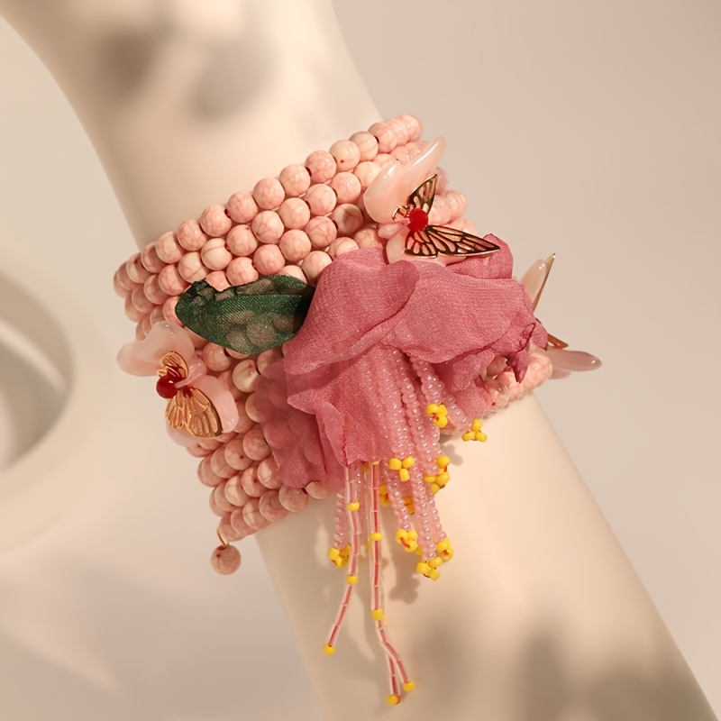Bohemian Pink Beaded Bracelet with Charms Vintage Style