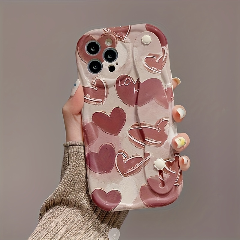 TEMU Phone Case - Oil Painting Full Screen Love Heart White Cream Shell, Wrist Strap Stand Phone Case, Easy Design, Shockproof Protection, For Spring