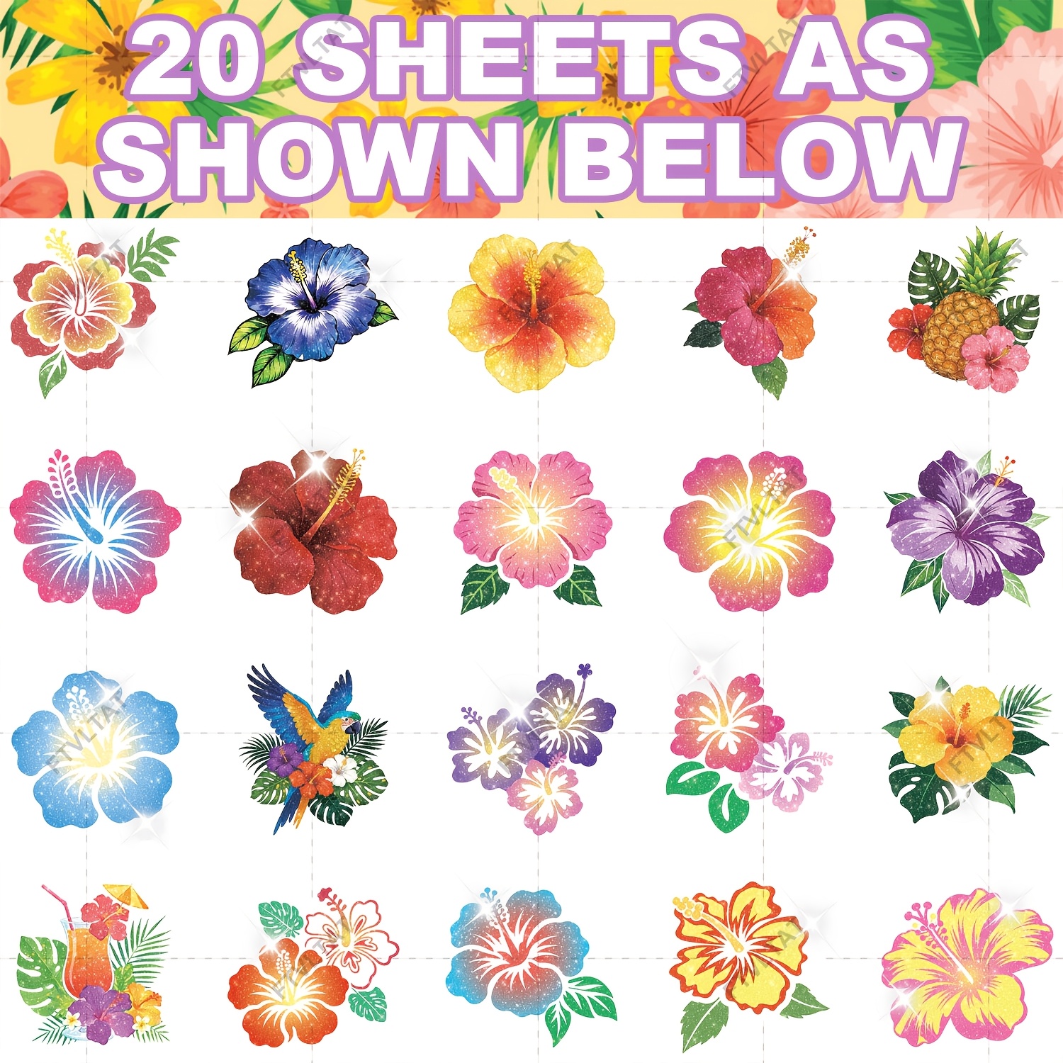 Image of A Collection Of 20 Temporary Tattoos Showcasing Glittery Hibiscus Patterns, Ideal For A Hawaiian Summer Celebration. Sparkling Stickers Are Great For Adults And Can Serve As Party Gifts