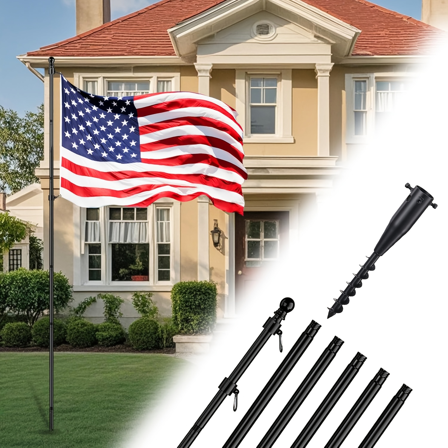 10 FT Thickened Stainless Steel Ground Flag Pole, Outdoor Yard Garden Flagpole with 5-Prong Base