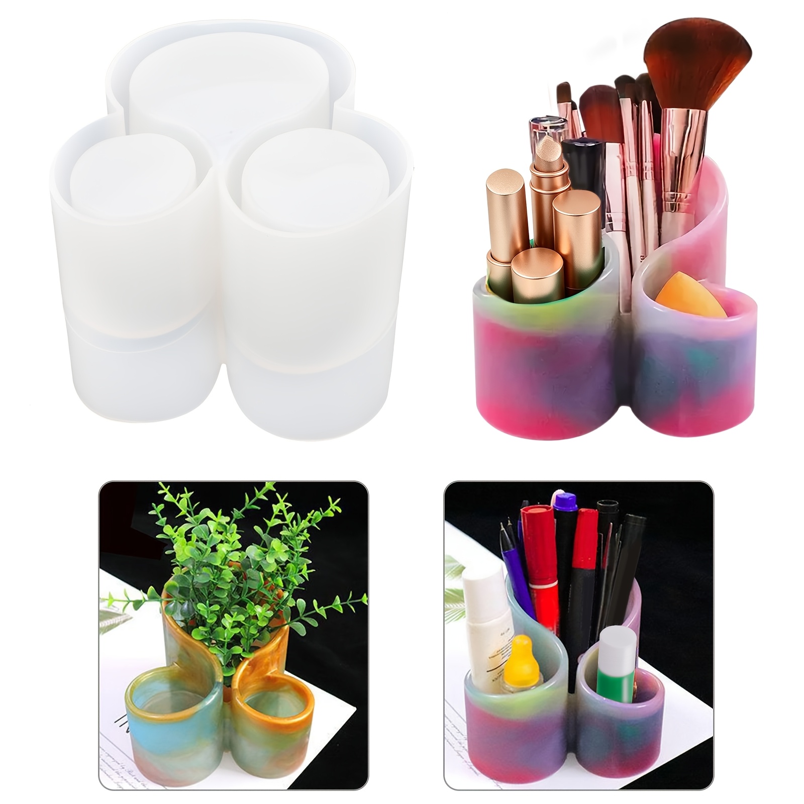 TEMU 3-slot Storage Jar Resin Silicone Mold, Diy Flower Planter Pot Molds, Epoxy Molds, For Candy Box, Makeup Brush Holder, Jewelry Container Making
