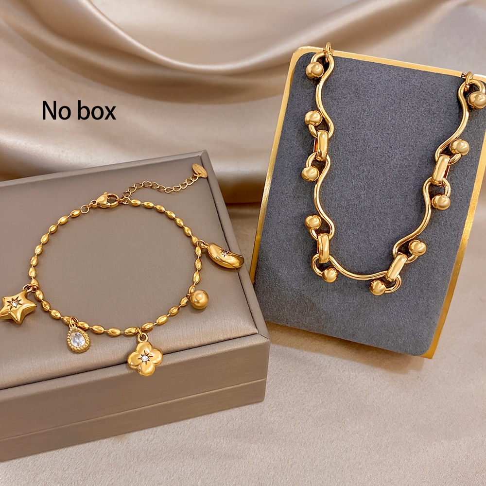 2pc Golden Cuff & Zirconia Inlaid Bracelet Set, Elegant Gift