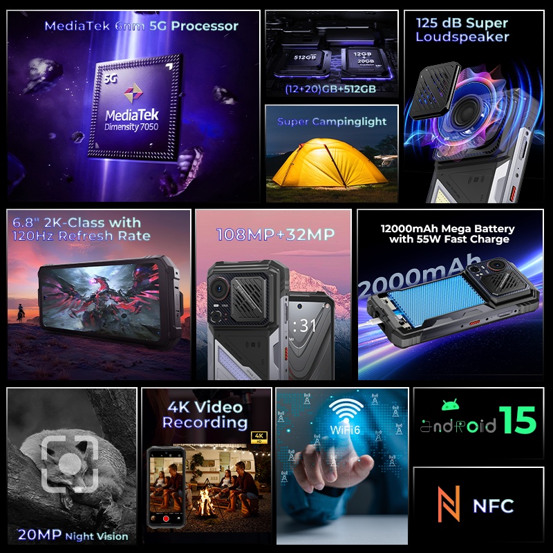     8 pro odolný 5g smartphone, nejnovější modely 2025,   15, 120hz, 6,78 hd+ displej, 12000mah baterie, 32gb (12+20gb rozšířeno)+512gb, rozšířitelné až na 1t,   přední+108mp zadní kamera a 20mp noční vidění, hmotnost 525g, podpora odtisku prstu a rozpoznání obličeje, dual Podrobnosti o&nbsp;produktu 1