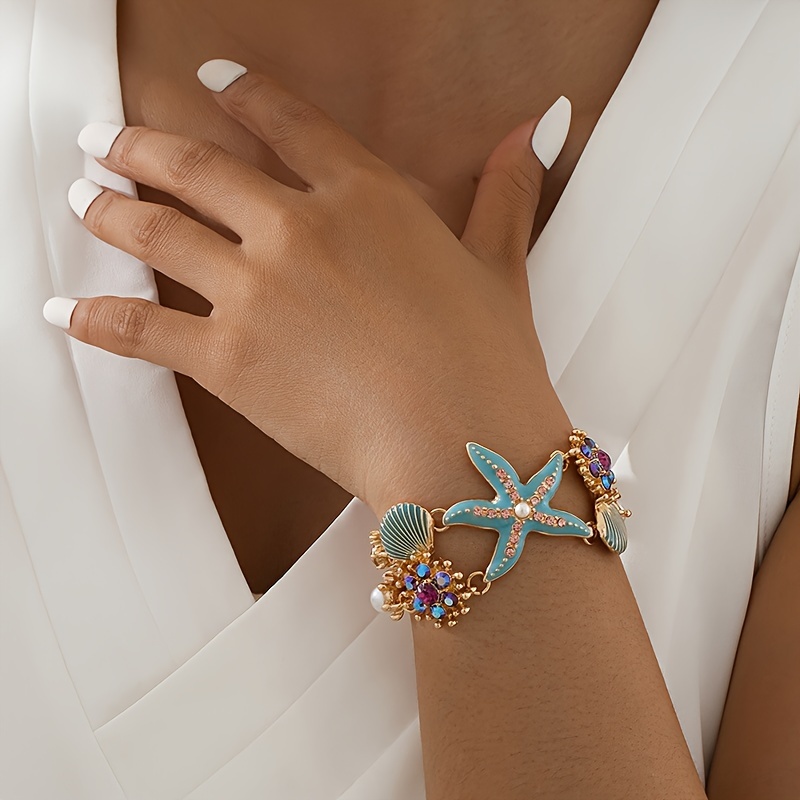 Bohemian Ocean Starfish & Seashell Bracelet with Rhinestones