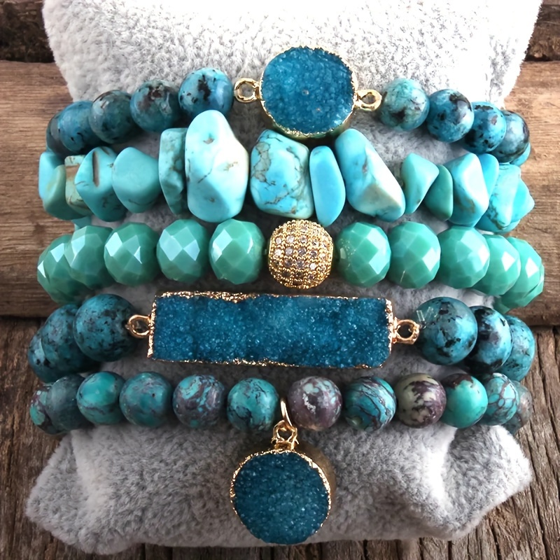 

5pcs Boho Natural Stone Beaded Bracelet Set, Stackable Handmade Stretch Bracelets, Featuring Zirconia Crystal And Turquoise Charm, Fashion Jewelry For Birthstone Gift