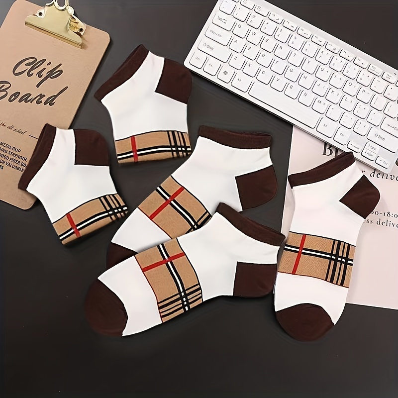 

5pcs Men's Breathable Cotton Ankle Socks - Striped, Moisture-wicking & Trendy For All