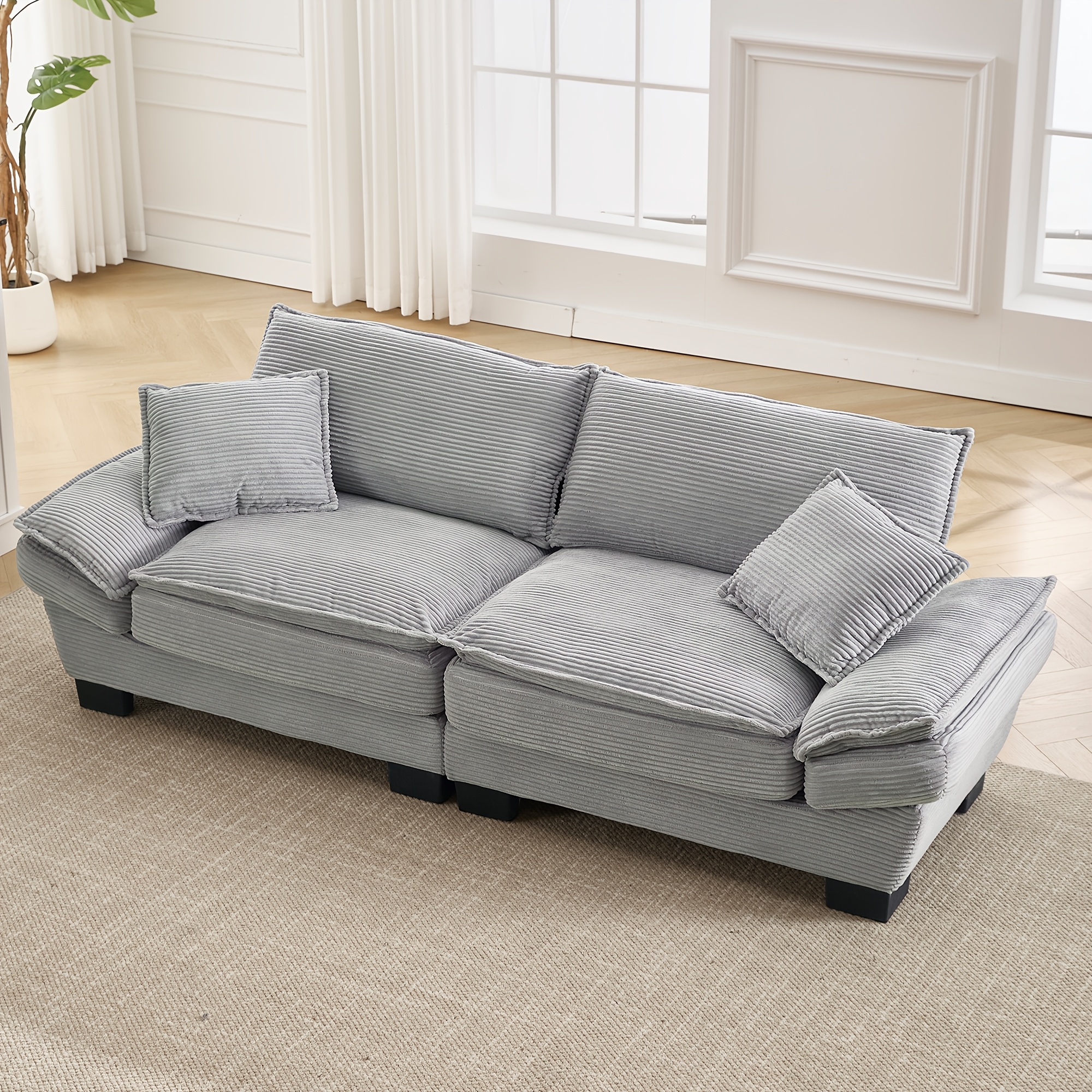 Image of 2-seater Cord Sofa 222cm, Seat Depth Couch With 2 Cushions, Cord Fabric Two-seater Sofa For Living Room Bedroom