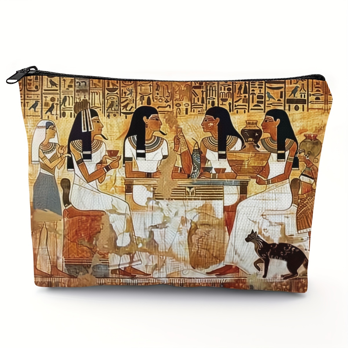 

Egyptian Mural Cosmetic Pouch, Polyester Casual Toiletry Organizer With Zipper Closure, Portable Hand Washable Makeup Bag For Travel Essentials - 1pc