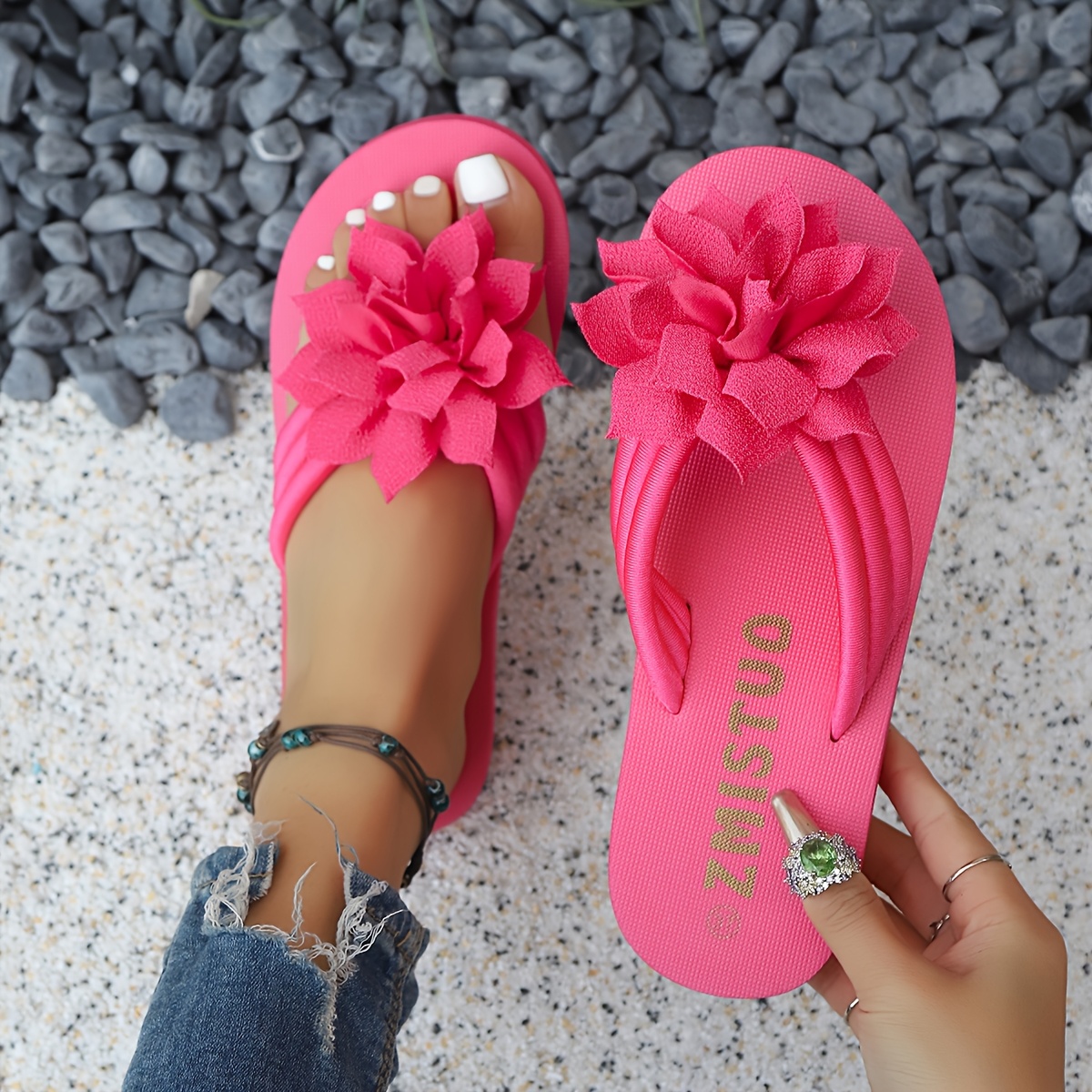 TEMU New Summer Women's Casual Slip-on Lotus Flip-flops, Lightweight Open-toe Classic Solid Color Beach Sandals