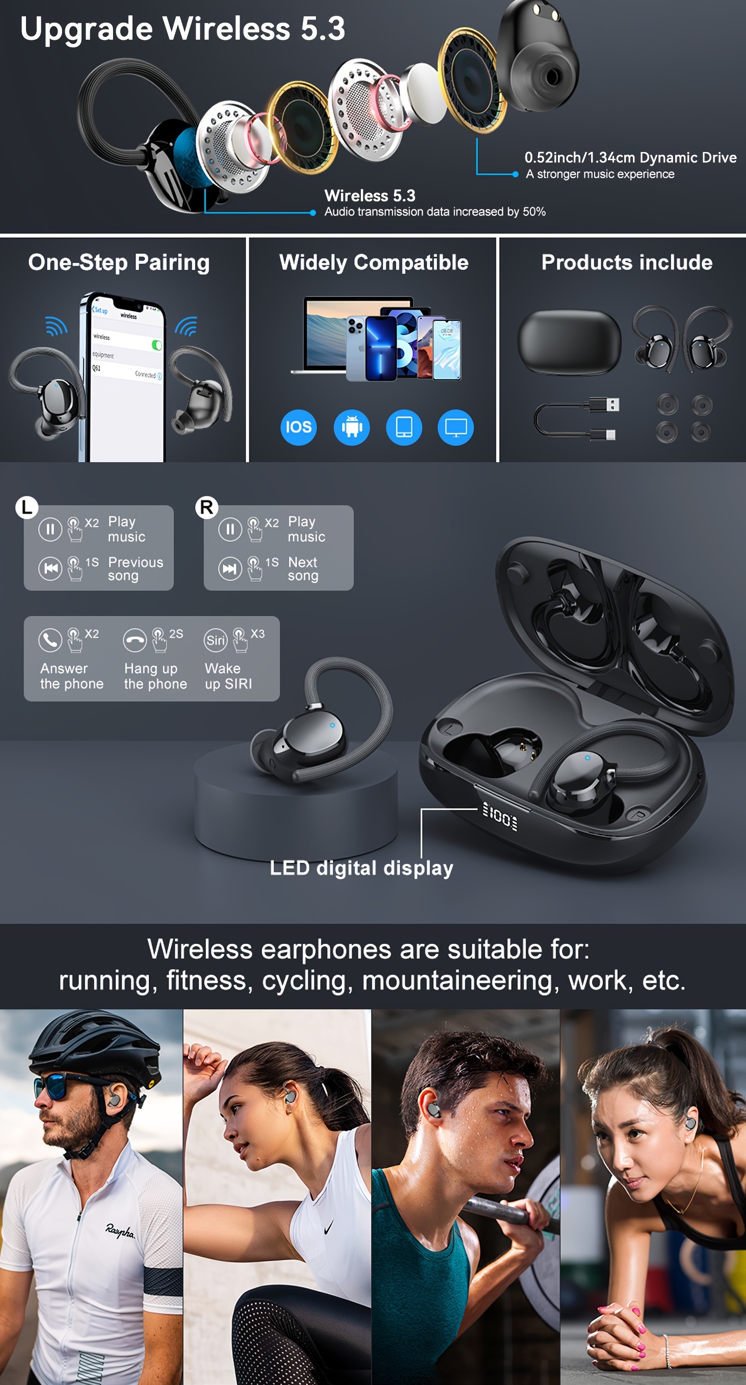 wireless headphones high fidelity stereo sports wireless 5 3 in ear headphones with hook 48h led display noise reduction built in running microphone details 1