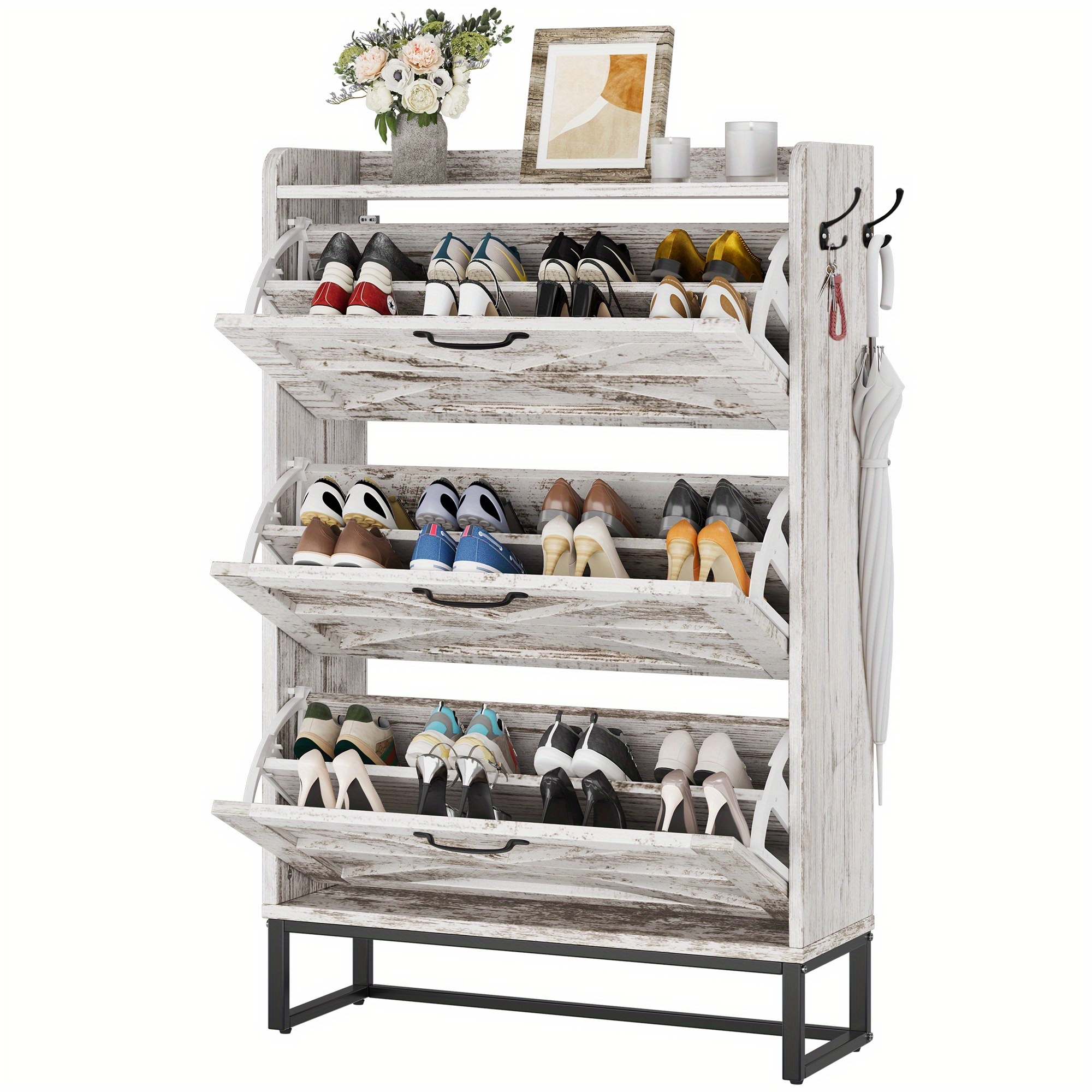 farmhouse shoe storage cabinet with 3 flip drawers freestanding shoe organizer for 24 pairs narrow slim shoe rack cabinet for entryway living room hallway embossed white details 2