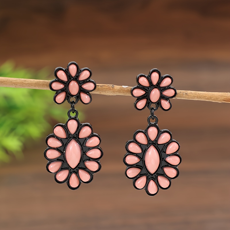 TEMU A Pair Of Vintage New Bohemian Western-style Floral Resin-inlaid Alloy Earrings