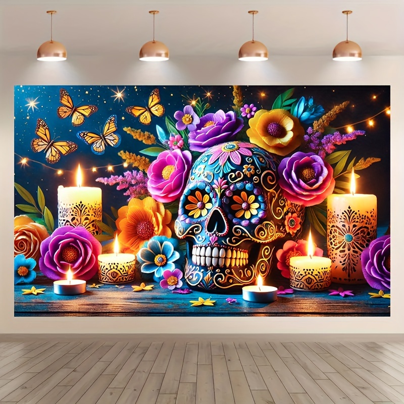 

1pc Polyester Day Of The Dead Banner - And Flowers Party Decoration, No Electricity Needed - 71x44 Inches Dia De Los Muertos Photo Backdrop