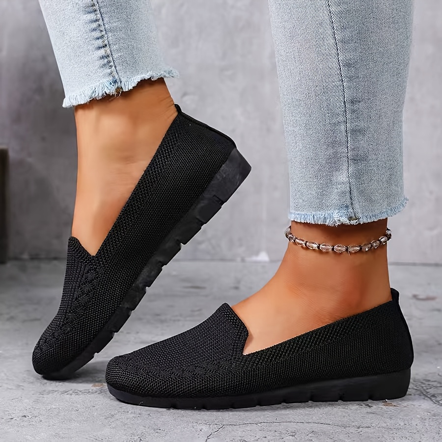 TEMU Sneakers, Women's Knitted Solid Color Loafers, Lightweight Non-slip Flat Shoes, Casual Walking Shoes
