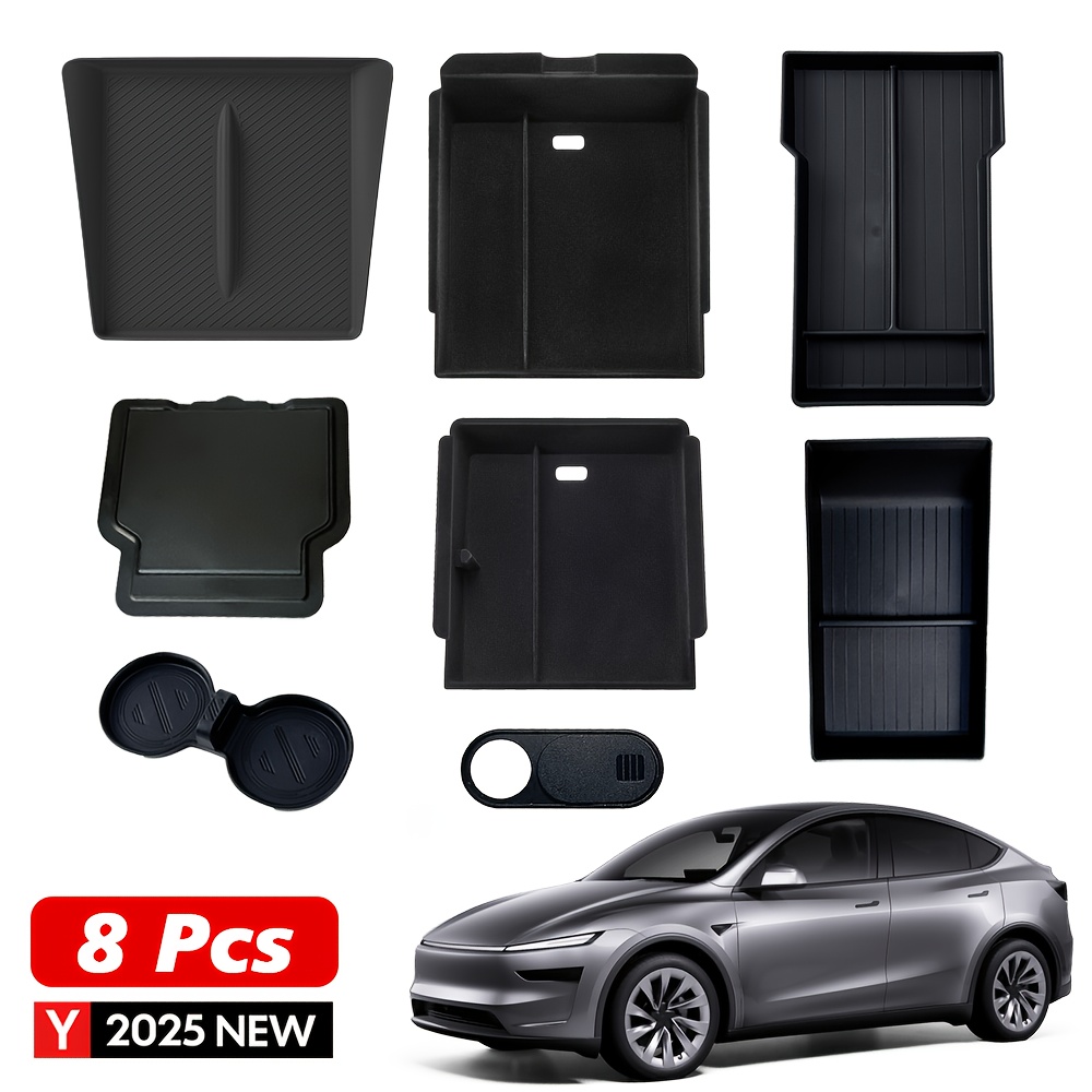 E-shop Zentrale Armlehnen-Aufbewahrungsbox-Set für Tesla LAUNCH 2025 – Inklusive: 1 vordere Flockungsaufbewahrung, 1 hintere Flockungsaufbewahrung, 1