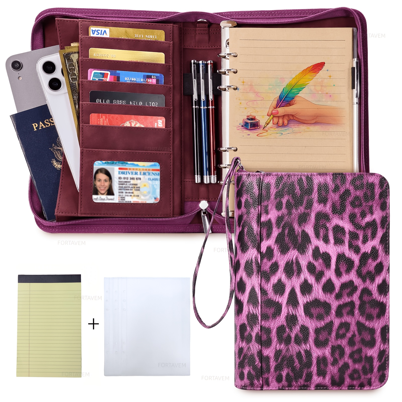 TEMU Floavienza A5 Pu 6-rings Binder With Zipper, A5 Padfolio Wallets For Women, Notebooks Notepad Cover, Phone, Credit Cards, Passport Holder,