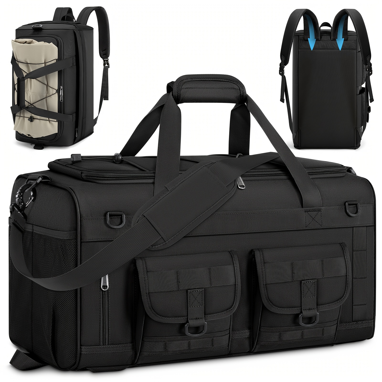 Image of Rainsmore Gym Bag For Men, 45l Large 3in 1 Sports Duffle Bag With Shoes Compartment Weekender Bag Multipurpose Carry On Overnight Tactical Backpack, Black