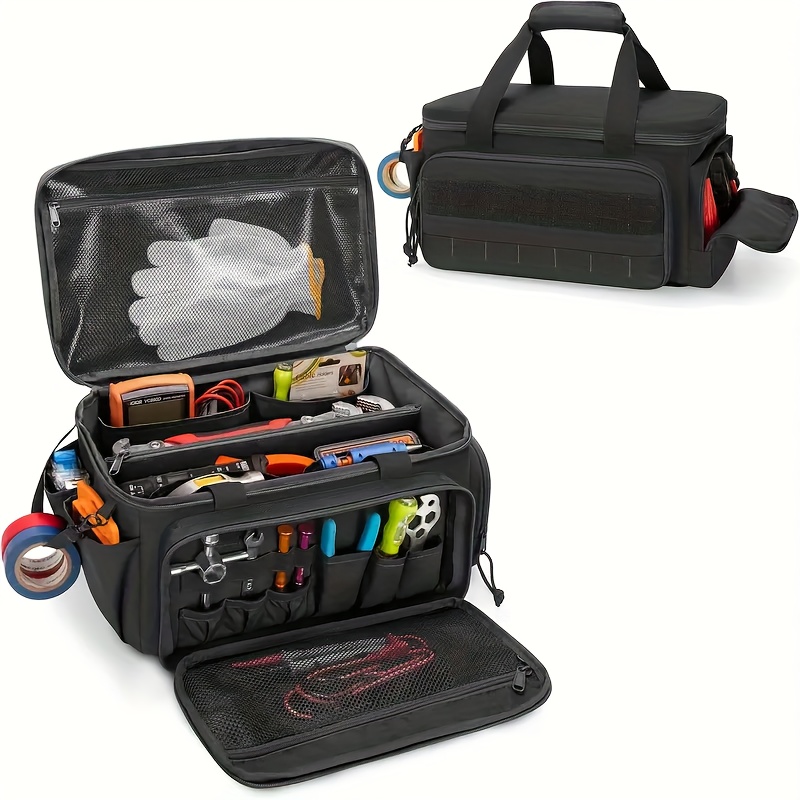 1pc heavy duty fabric tool backpack with a   14 inch interior and reinforced zippered compartment heavy duty construction site organizer with tool pouch zippered main compartment and side pockets durable work backpack for contractors