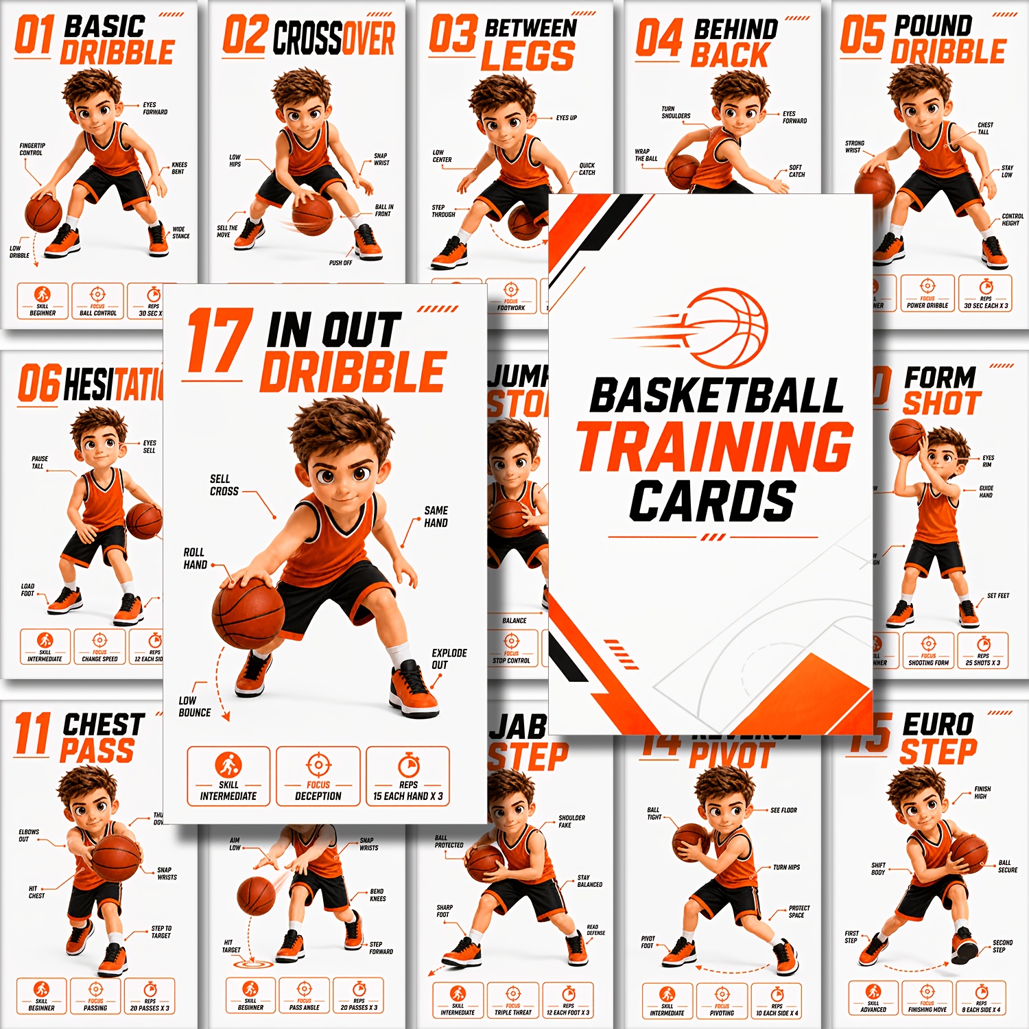 TEMU 20 Basketball Training Cards- Skills For Beginners, New Players, & Parents For Home, School, Team Practice And Indoor Or Outdoor Court Training
