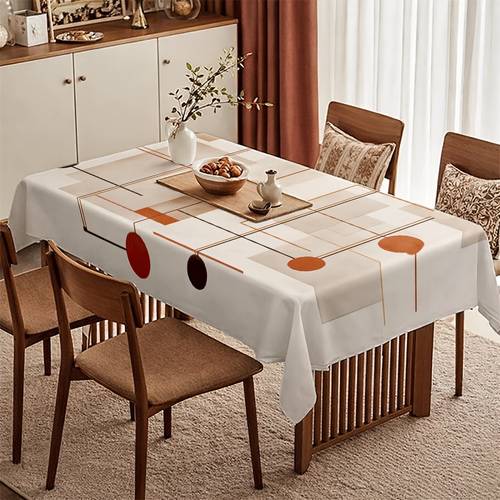 a soft and stylish tablecloth in featuring geometric lines and polka dots machine washable and easy to clean suitable for dining tables coffee tables desks outdoor dining and camping