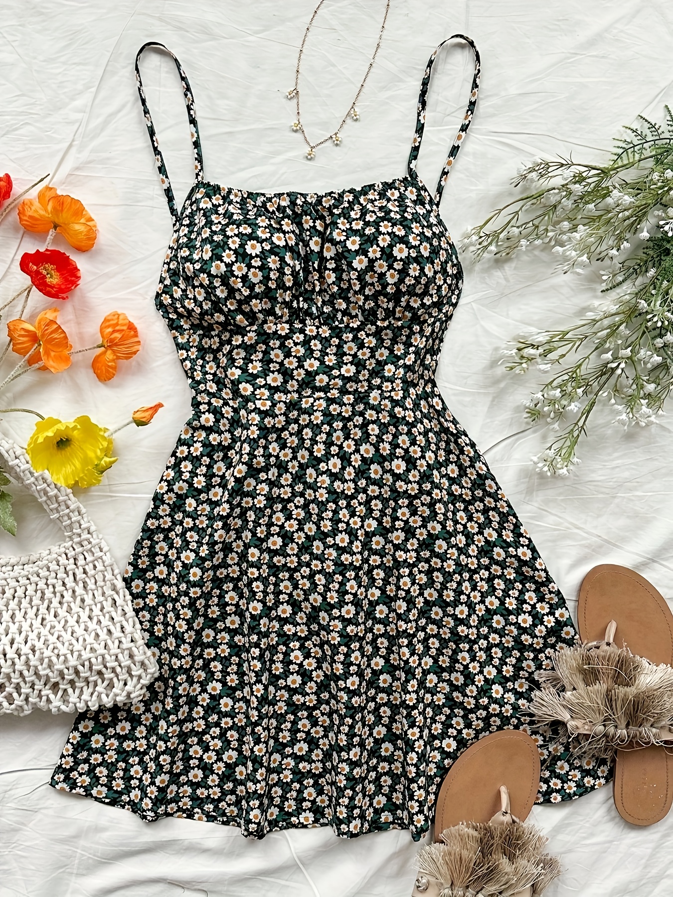 Women's Ditsy Floral Backless Strap Sundress with Adjustable Bow Tie Waist - Knee-Length Sleeveless Summer Dress, Machine Washable Lightweight Fabric for Beach Vacations & Casual Outings, Vacation Attire, Nontransparent Material