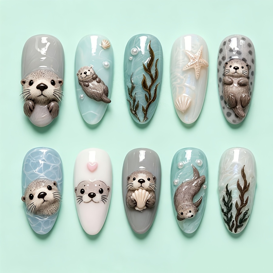 TEMU Summer Cute Animal 10pcs Long Almond Press On Nails Kawaii Ocean Beach Aesthetic Style 3d Otter Seashell Starfish Seaweed Inlaid Design False