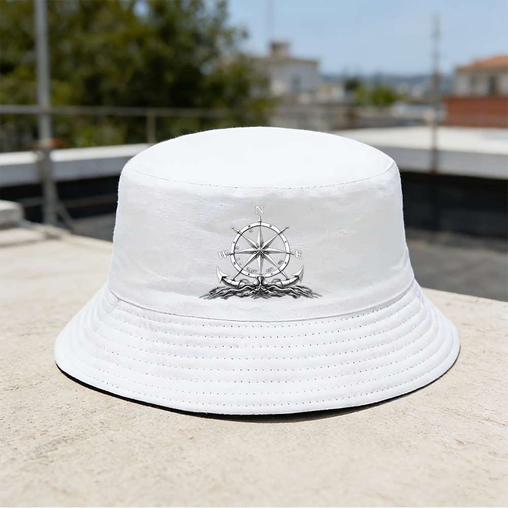 TEMU Men's And Women's Printed Bucket Hat, Nautical And Vintage Style Black And White Compass Print Design, Summer Fashion Versatile Bucket Hat,