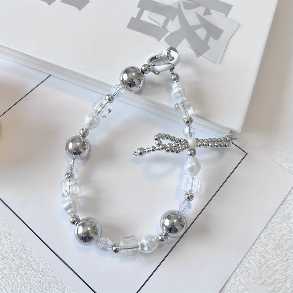 E-shop Silberner Perlen Schleife Handyketten, Universelle Handyhülle für alle Modelle, Neue Kopfhörer Schutzhülle Lanyard, Anhänger Armband, Anti-Fall