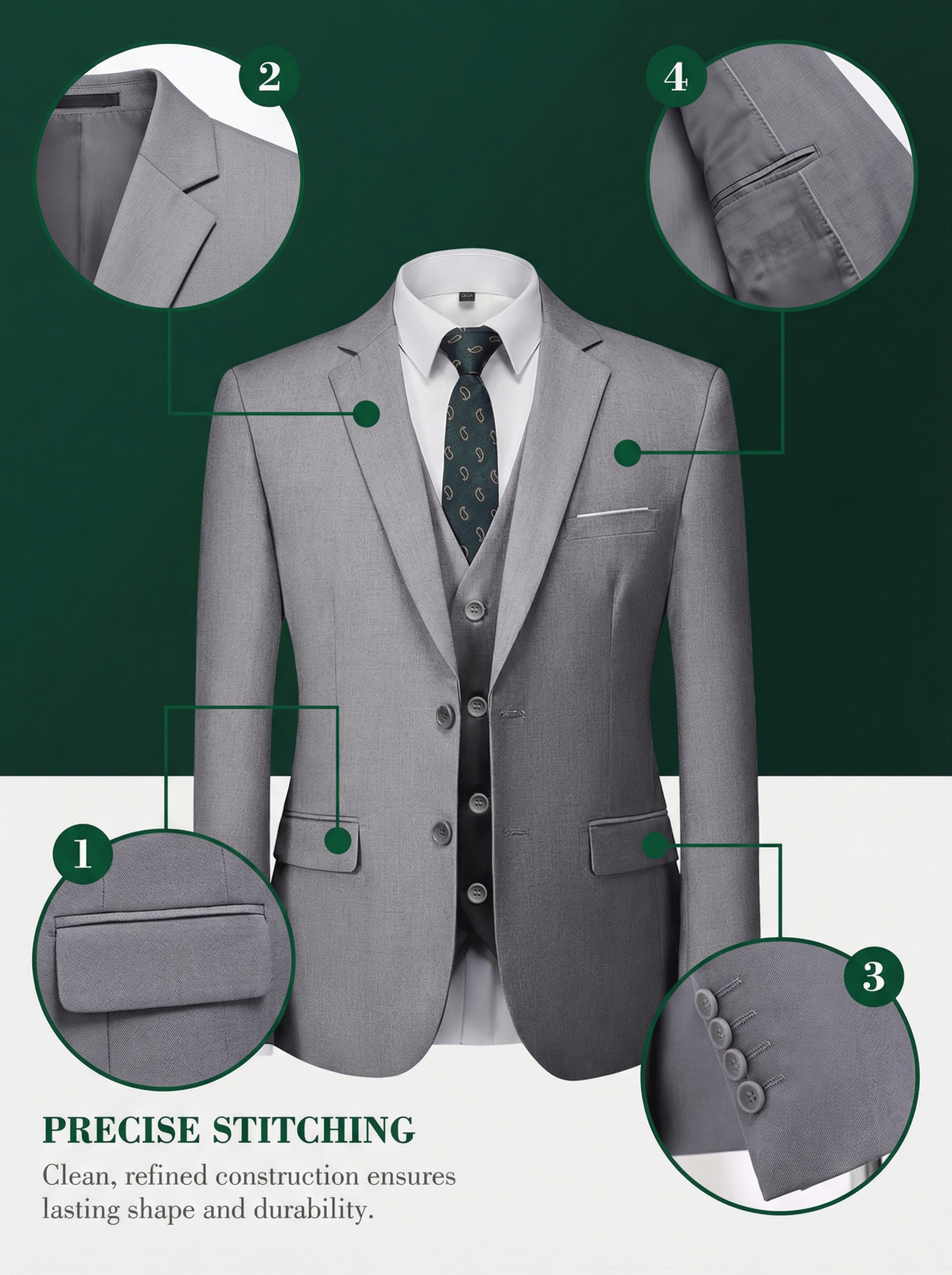 Ensemble 3 pièces pour homme, Veste de costume + Gilet + Pantalon de costume, Élégant et de haute qualité, Idéal pour mariages, fêtes ou événements formels (Pochoir gratuit avec motif aléatoire)
