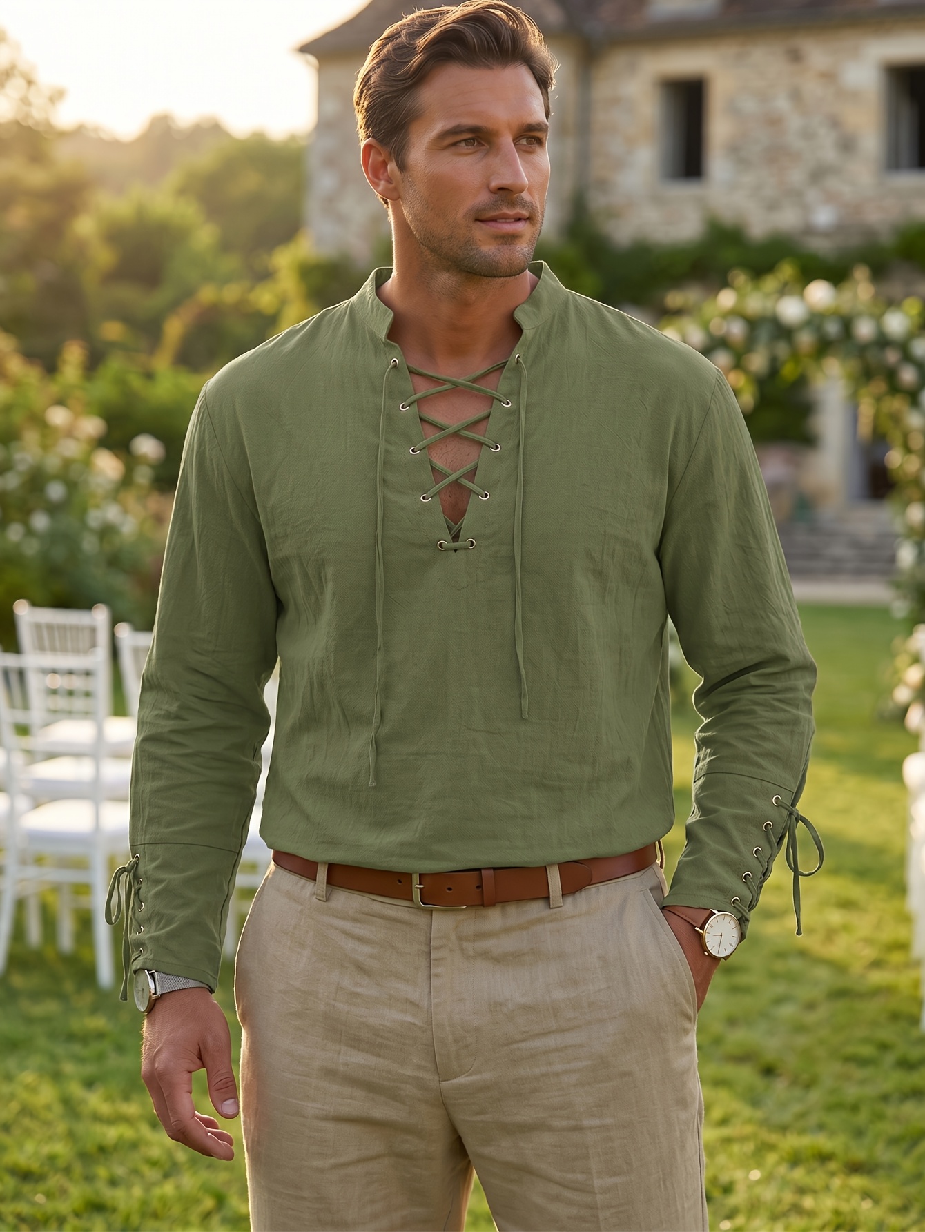 mens vintage inspired long sleeve shirt lace detail medieval
