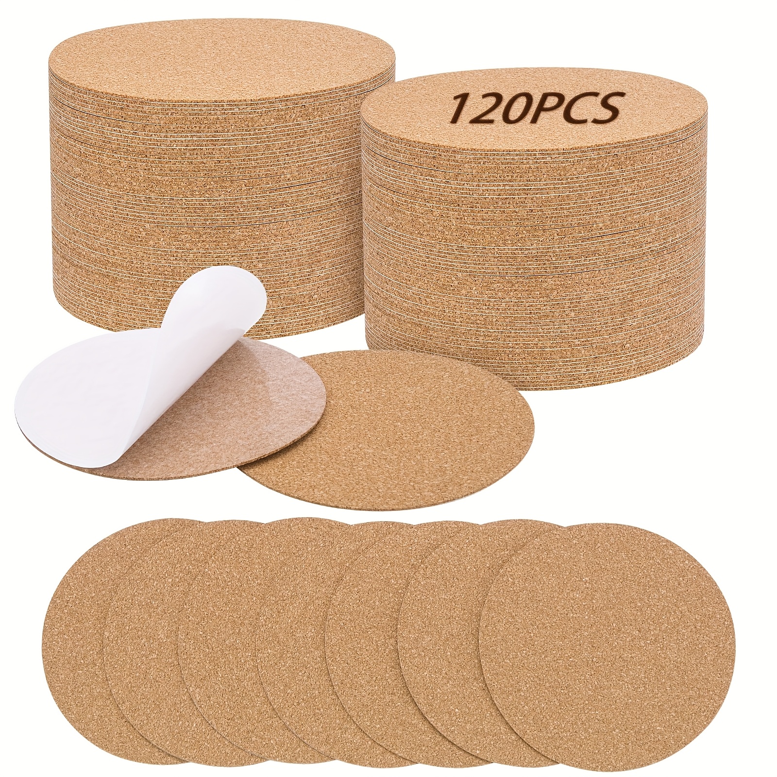 120pcs Self-adhesive Cork For Coasters, 3.74" Round Cork Mats For Crafts, Drinks And Home Tabletop Decoration, Easy To