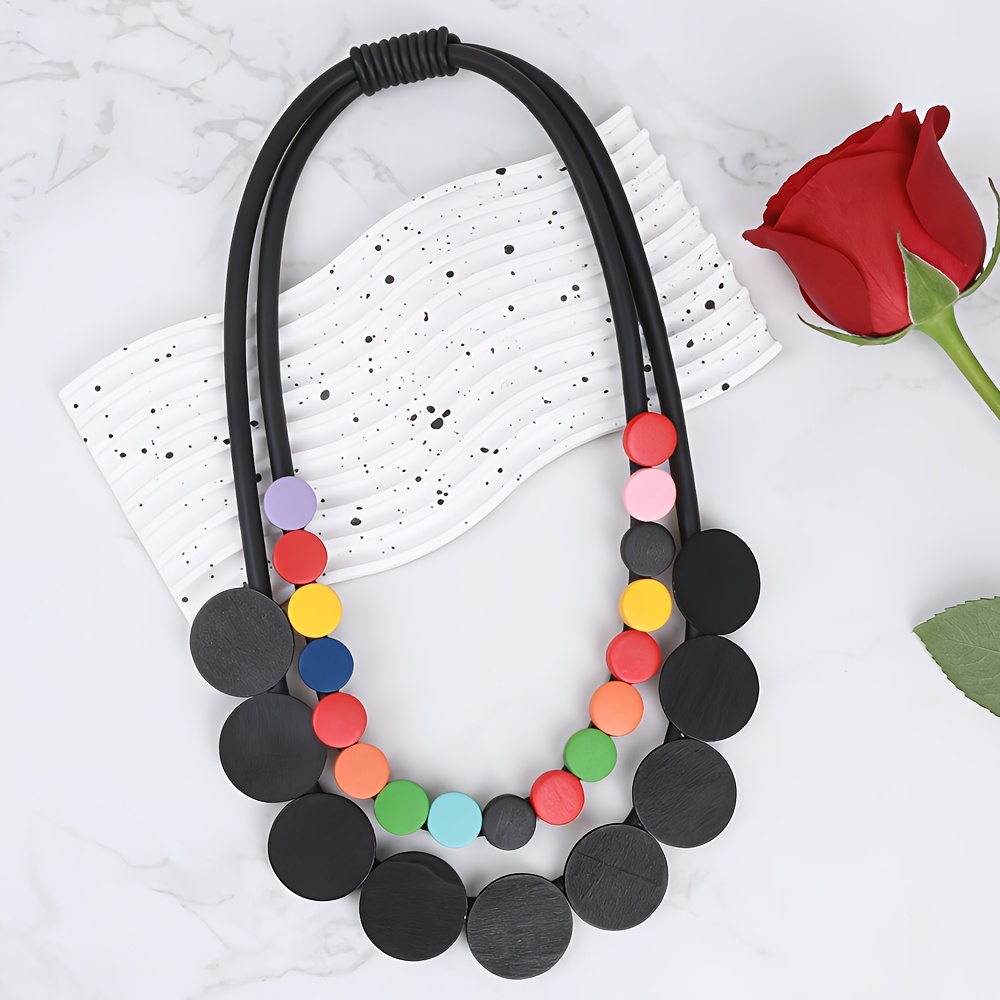 Geometric Round Color Block Pendant Necklace, Bohemian Style