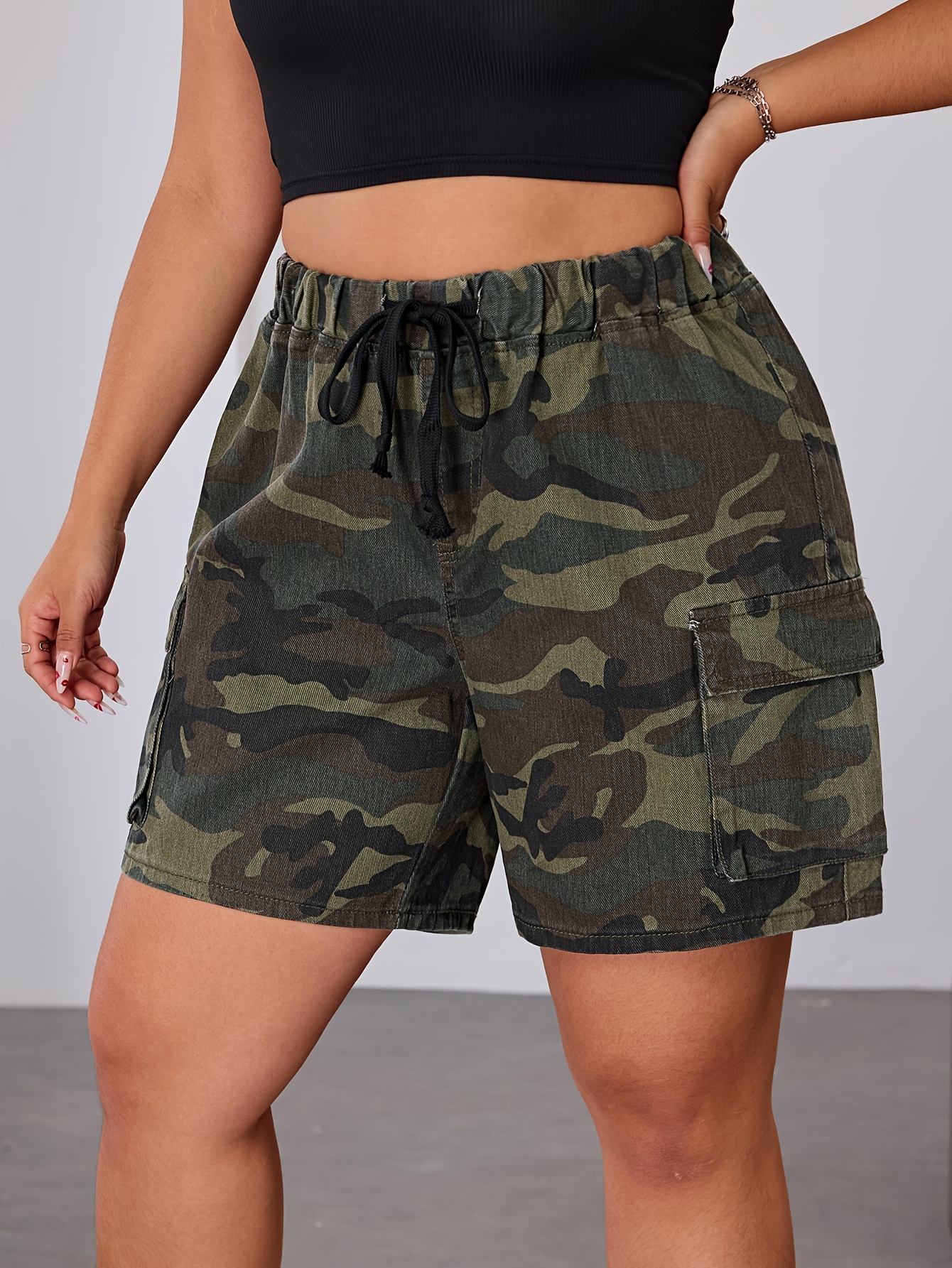 Women's Plus Size Camo Elastic Waist *-Length Shorts with Adjustable  Drawstring Side Pockets Straight Leg Streetwear Style, Machine Washable  Spr