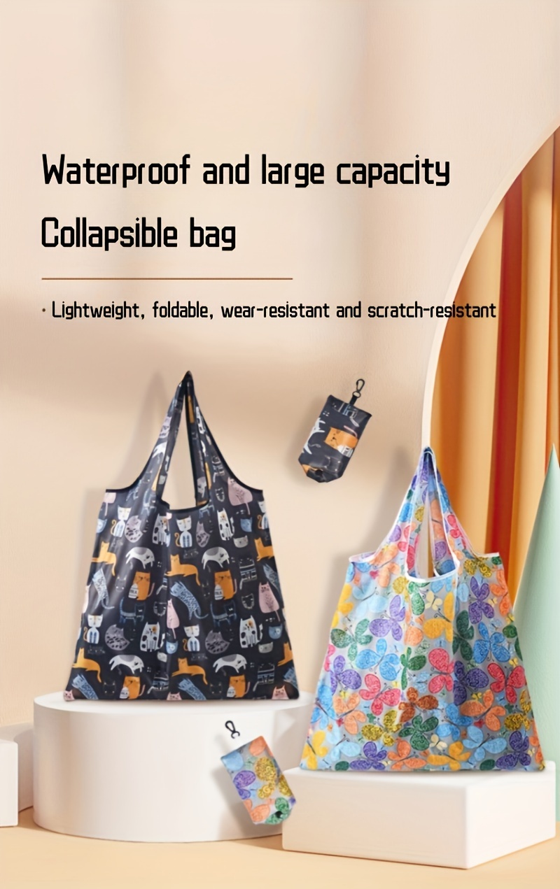 large capacity foldable tote bag   polyester reusable shopping storage bag with creative allover pattern details 0